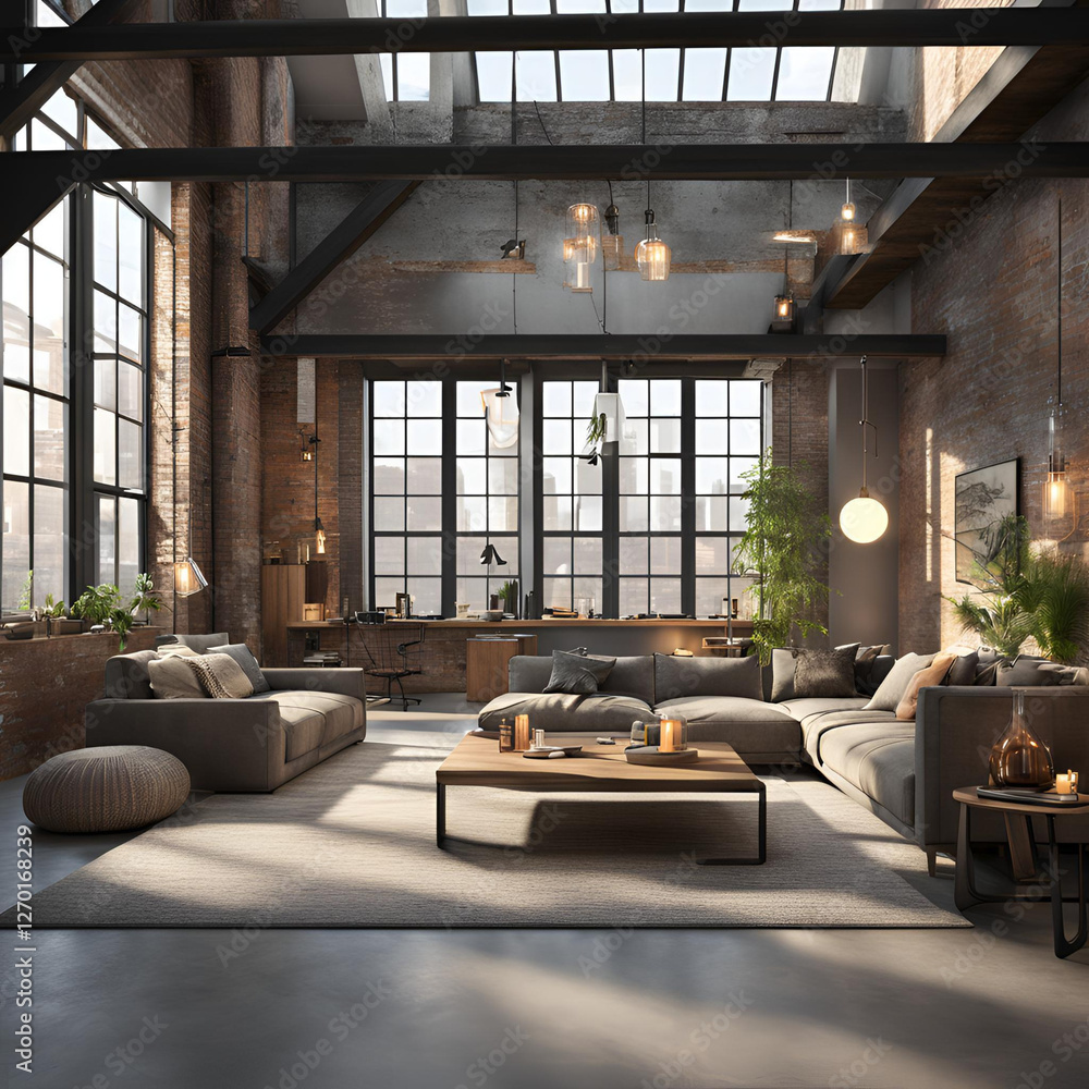 Fototapeta premium Living room interior in loft, industrial style, 3d render