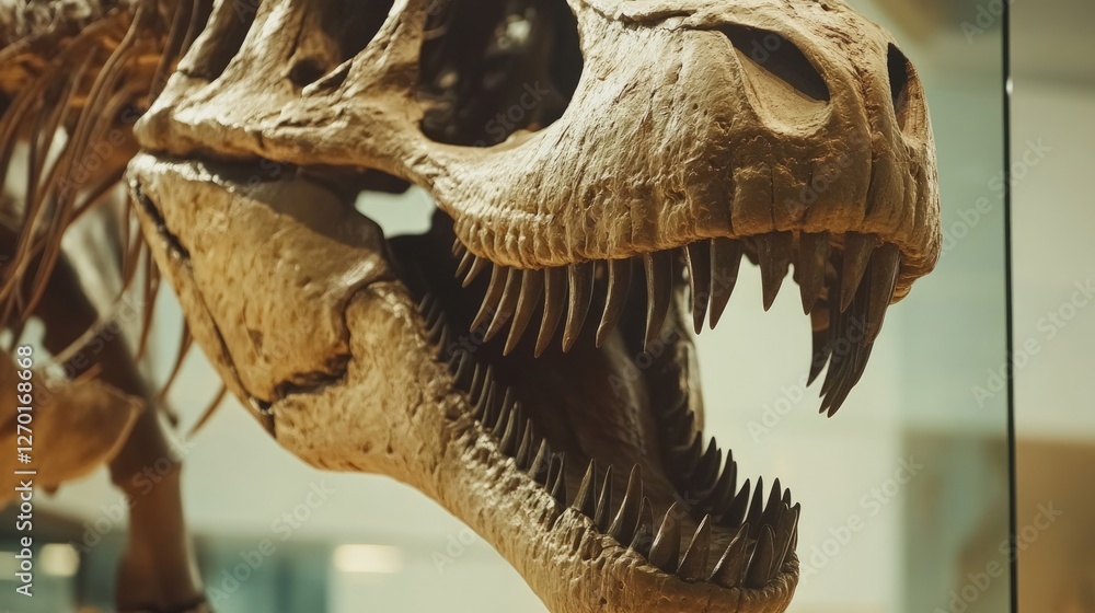Close-up of a Tyrannosaurus Rex skull fossil displayed behind glass. Close-up of a Tyrannosaurus Rex skull fossil displayed behind glass.