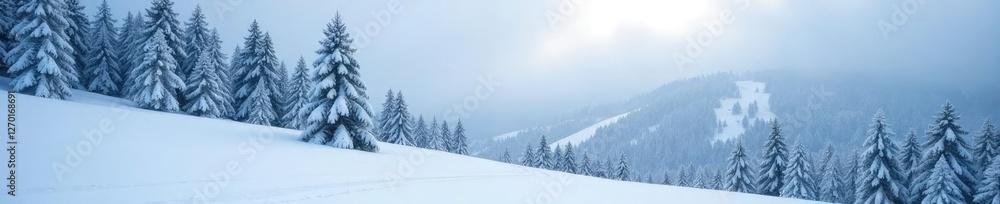 Obraz premium Hilltop covered in deep snow with snow-covered evergreen trees, evergreen trees, frosty atmosphere, snowy hill evergreen trees winter forest landscape deep snow