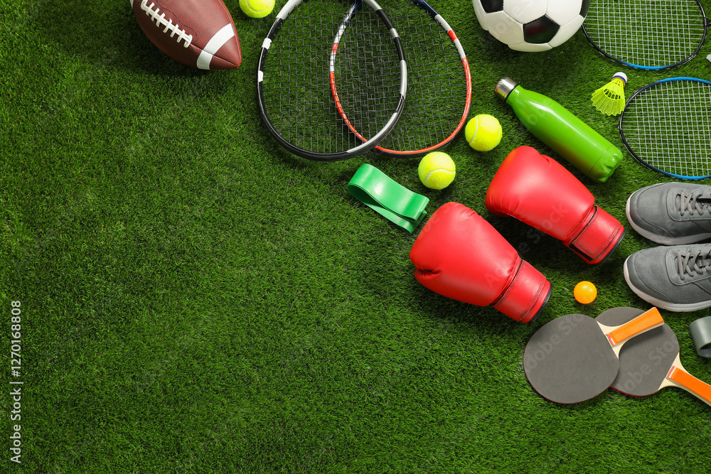 Naklejka premium Different sport equipment on artificial grass, flat lay. Space for text
