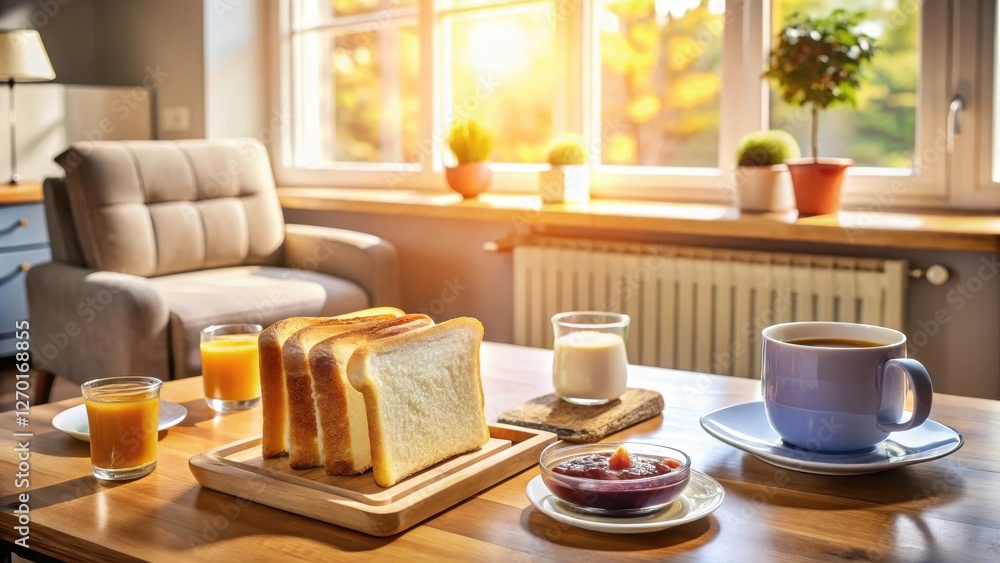 Morning sunlight illuminates a tranquil breakfast scene featuring toasted bread, fruit preserves, orange juice, and a warm beverage, all set upon a wooden table near a comfortable chair. Morning sunlight illuminates a tranquil breakfast scene featuring toasted bread, fruit preserves, orange juice, and a warm beverage, all set upon a wooden table near a comfortable chair.