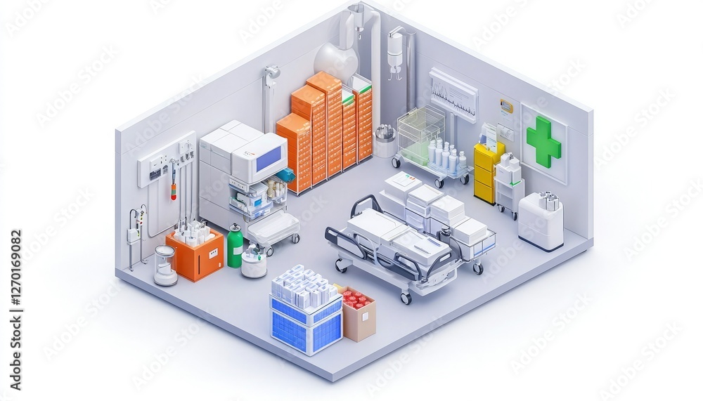 Obraz premium A modern hospital room filled with medical equipment, including beds, monitors, supplies, and storage, designed for patient care and treatment.