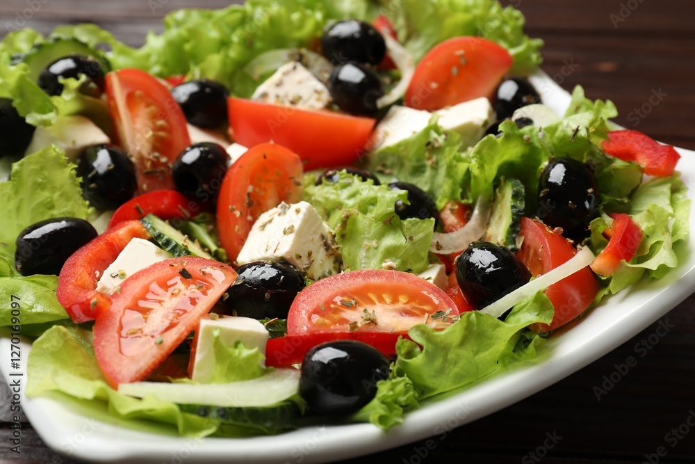Delicious fresh Greek salad on wooden table, closeup Delicious fresh Greek salad on wooden table, closeup