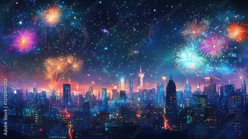 Cityscape with fireworks display and starry sky. Starlit Glass Cities. Illustration Cityscape with fireworks display and starry sky. Starlit Glass Cities. Illustration