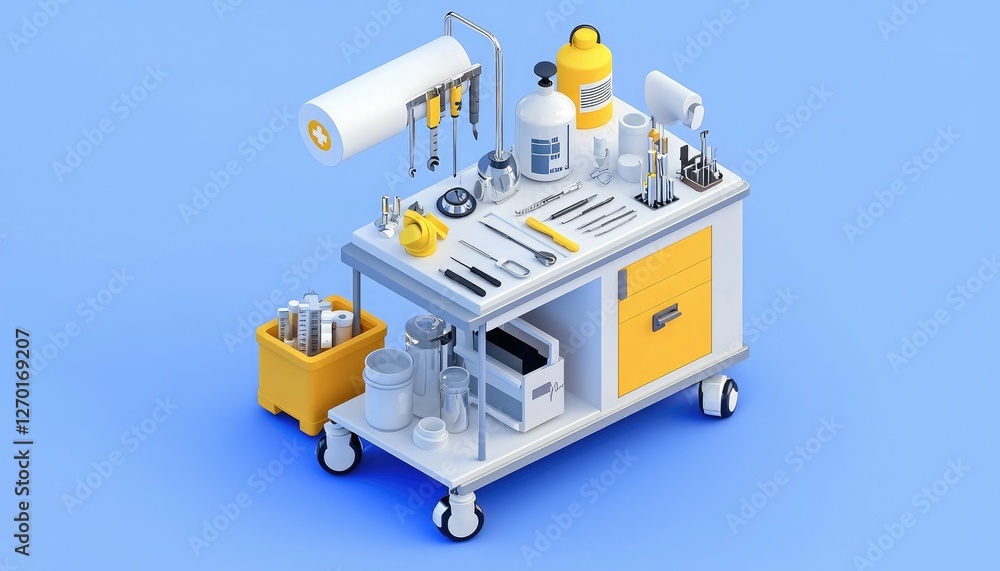 A colorful medical cart equipped with various tools, containers, and supplies, set against a light blue background. A colorful medical cart equipped with various tools, containers, and supplies, set against a light blue background.