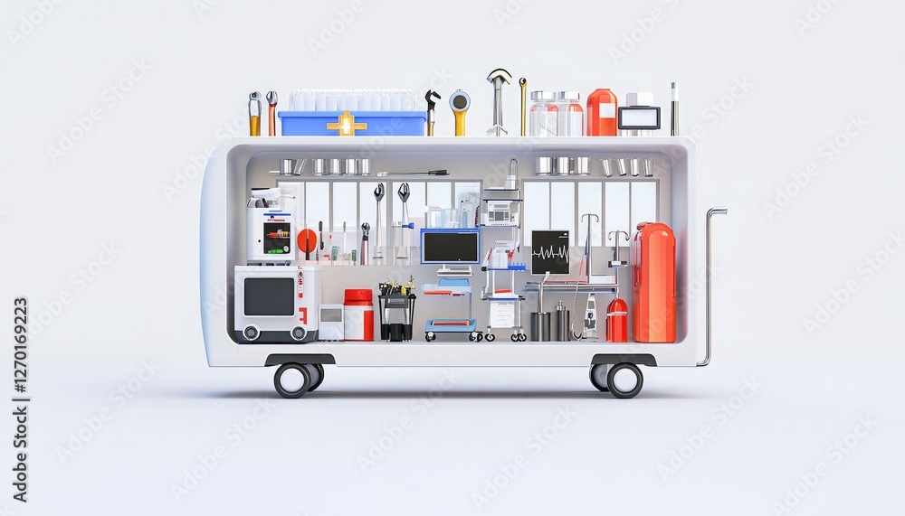 Fototapeta premium A sleek, mobile cart filled with various laboratory equipment and tools, showcasing organization and accessibility for scientific work.