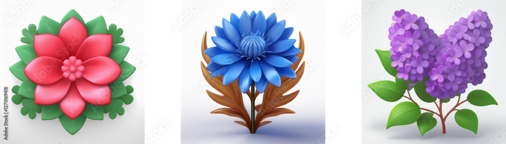 Obraz premium Three flower illustrations: a red bloom with green leaves, a blue flower with brown stem, and a purple sprig with green leaves. Decorative floral elements.