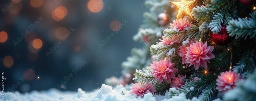 Pink and white flowers cascade down a star-topped Christmas tree, branches, white, foliage