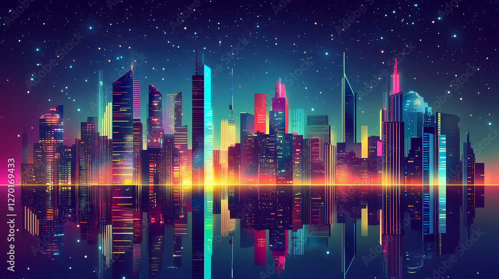 Futuristic cityscape macro: neon reflections in starlit night. Starlit Glass Cities. Illustration Futuristic cityscape macro: neon reflections in starlit night. Starlit Glass Cities. Illustration