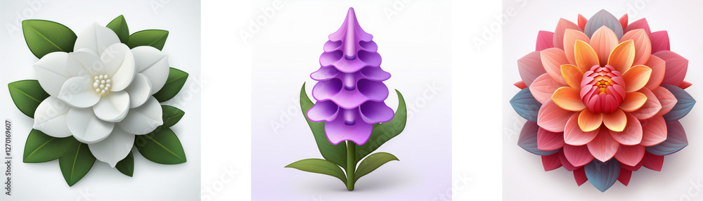 Obraz premium Three diverse flower illustrations are presented. A white flower with green leaves, a purple spike bloom, and a layered multicolored blossom.