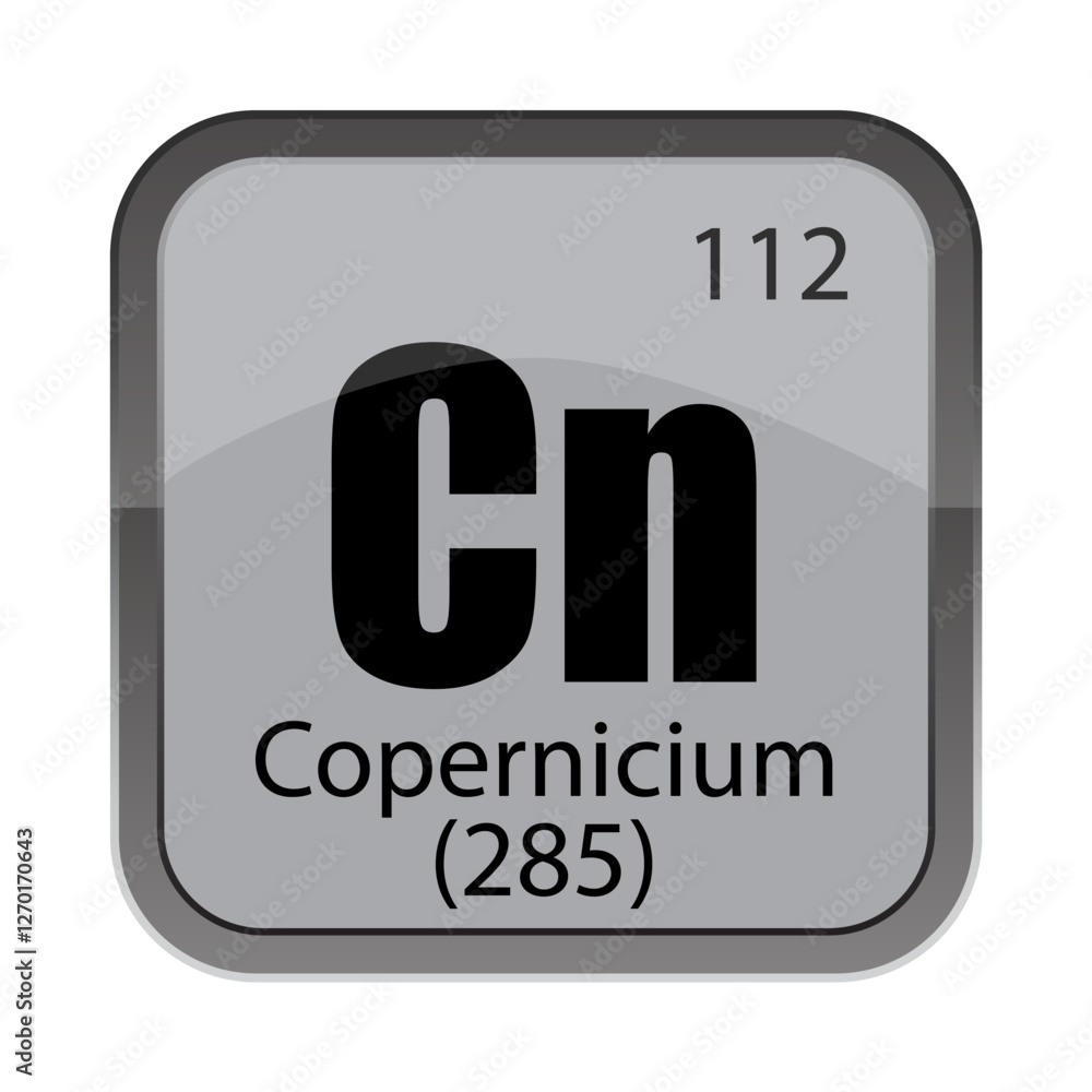 Element 112 label. Cn 285 Copernicium. Gray periodic square. Vector chemistry icon. Element 112 label. Cn 285 Copernicium. Gray periodic square. Vector chemistry icon.