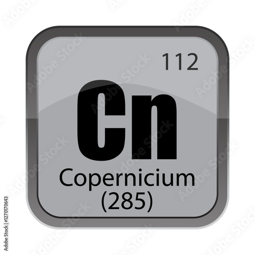 Element 112 label. Cn 285 Copernicium. Gray periodic square. Vector chemistry icon.