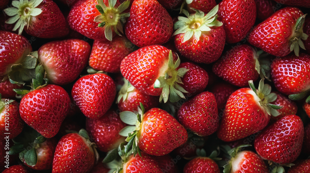 A full-frame close-up of a dense pile of fresh, ripe strawberries, their bright red color A full-frame close-up of a dense pile of fresh, ripe strawberries, their bright red color