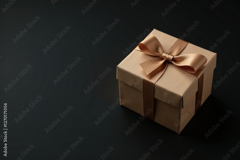 Simple gift box on a black background wrapped in plain beige ribbon with a small matching brown bow, bow, beige ribbon, wrapping paper Simple gift box on a black background wrapped in plain beige ribbon with a small matching brown bow, bow, beige ribbon, wrapping paper