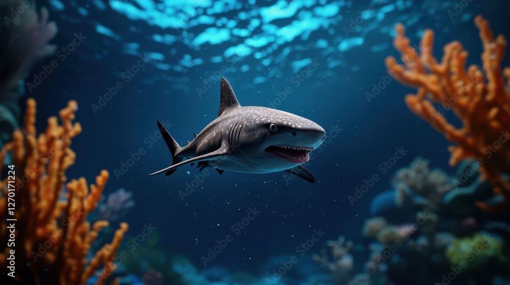 Fototapeta premium ocean conservation marine regeneration concept. A shark swims gracefully through a vibrant underwater scene, surrounded by colorful coral and shimmering light.