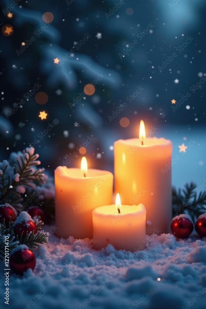 Softly glowing candles amidst snowflakes falling gently in the winter evening, candles, snow Softly glowing candles amidst snowflakes falling gently in the winter evening, candles, snow