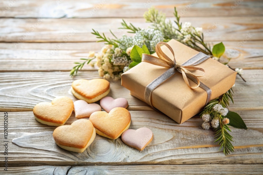 A thoughtfully wrapped gift with a delicate ribbon rests beside heart-shaped cookies on a rustic wooden surface, adorned with a charming floral arrangement. A thoughtfully wrapped gift with a delicate ribbon rests beside heart-shaped cookies on a rustic wooden surface, adorned with a charming floral arrangement.