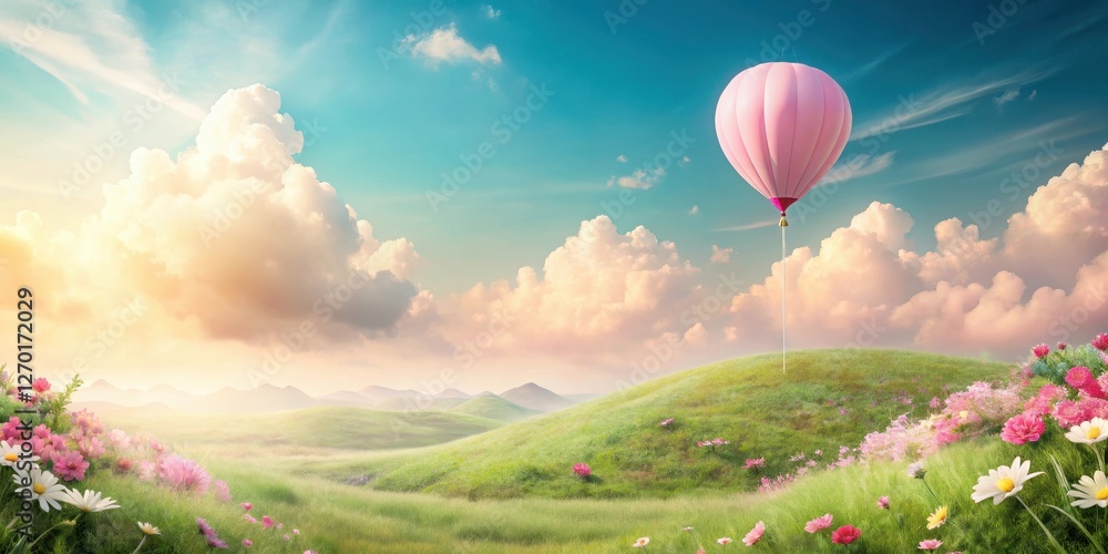 Obraz premium Serene Pink Hot Air Balloon Ascending Over Lush Rolling Hills and Vibrant Flower Meadows Under a Dreamlike Sky