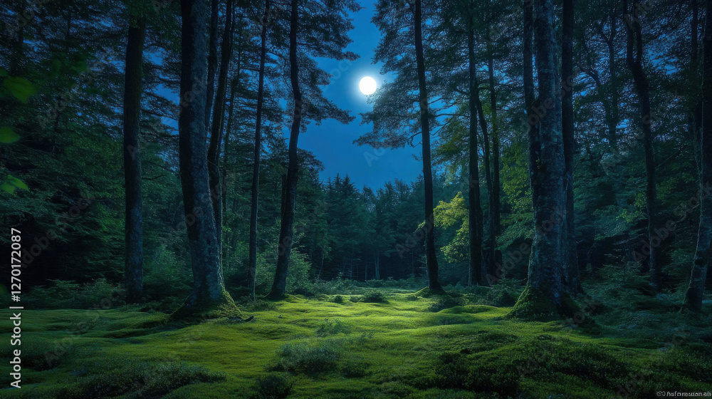 Fototapeta premium peaceful moonlit glade surrounded by towering trees, creating serene atmosphere. soft glow of moon illuminates lush greenery