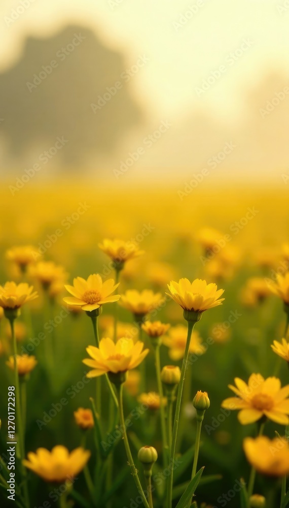 Fototapeta premium Softly lit marigold field with misty atmosphere, yellow, peaceful
