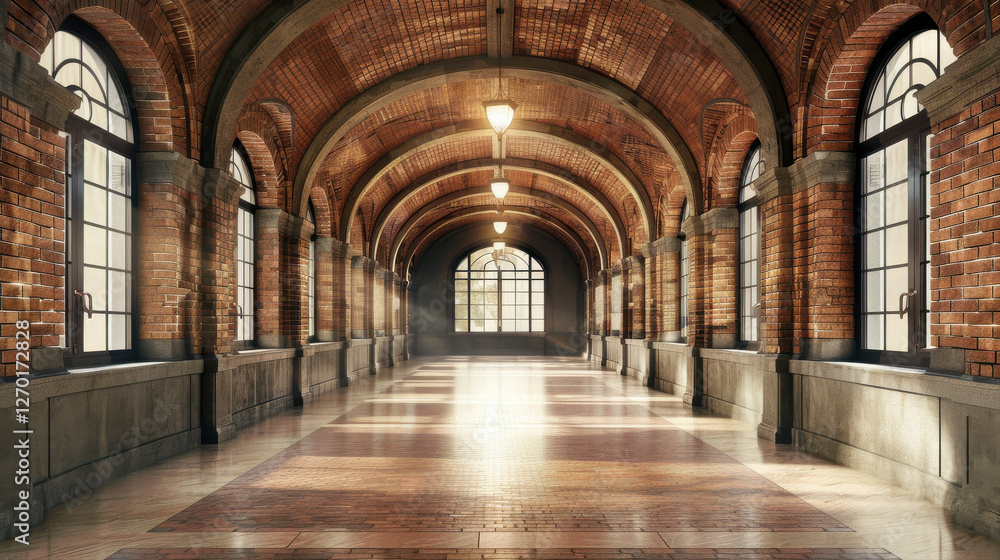 Obraz premium spacious corridor featuring arched brick walls and large windows, illuminated by warm light, creates welcoming atmosphere
