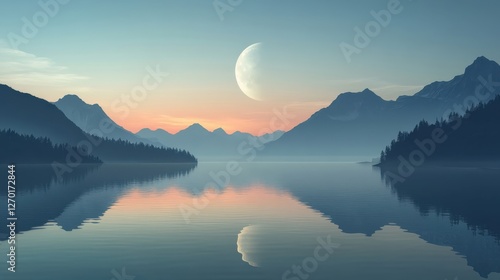 Wallpaper Mural Serene mountain lake reflecting pastel sunset moon Torontodigital.ca