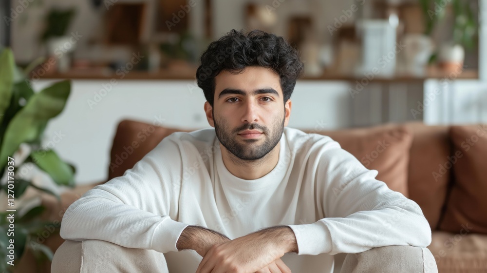 Obraz premium Sitting calmly in a relaxed living room filled with plants, a young man reflects on the complexities of life amid ongoing financial challenges in today's world
