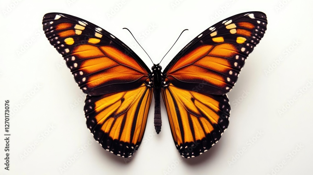 Obraz premium Majestic Orange Monarch Butterfly Wings Detail with Intricate Pattern Isolated on Pure White Studio Background