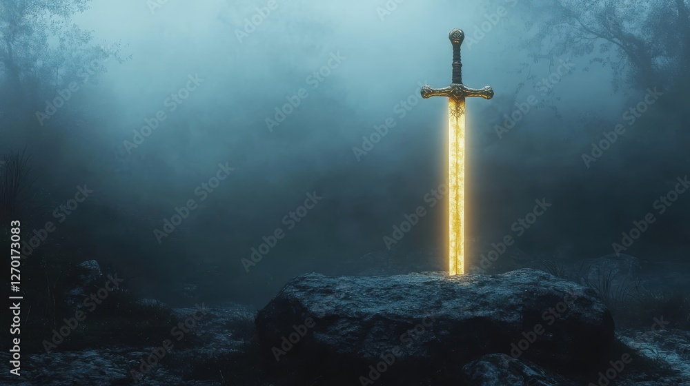 Naklejka premium Glowing Sword in a Misty Forest Setting