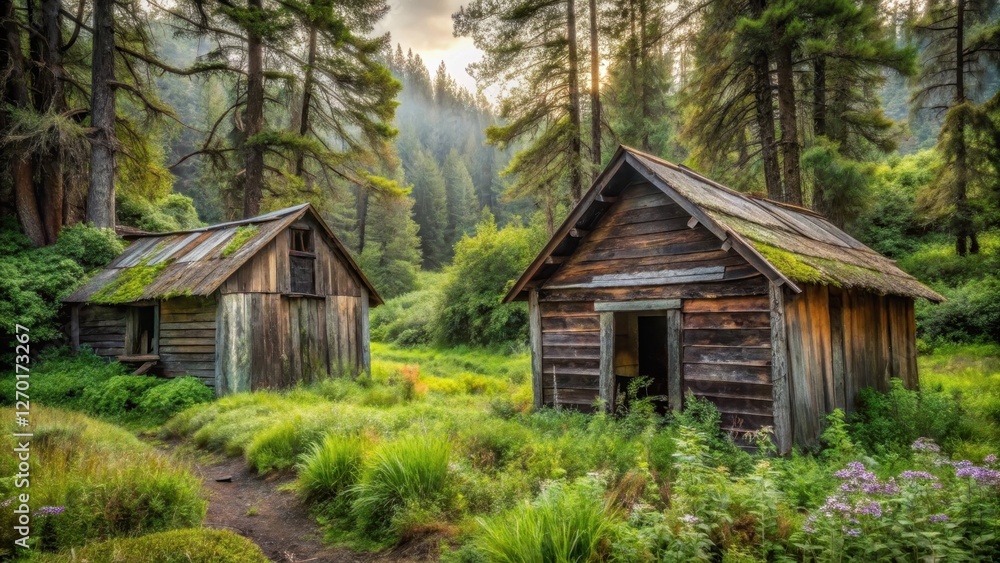 Rustic Wooden Cabins Nestled in a Lush, Verdant Forest Clearing at Dawn Rustic Wooden Cabins Nestled in a Lush, Verdant Forest Clearing at Dawn