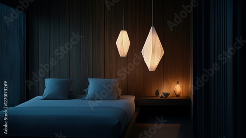 Serene bedroom with minimalist pendant lamps illuminating a bed.