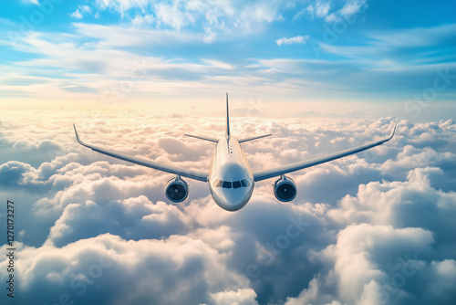 Aerial view of a modern airplane soaring above the clouds in the sky