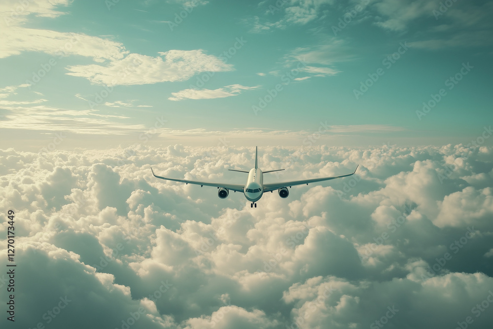Aerial view of a modern airplane soaring above the clouds in the sky Aerial view of a modern airplane soaring above the clouds in the sky