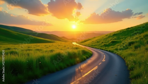 Wallpaper Mural Winding road through lush green meadow at sunrise, dawn, grass Torontodigital.ca