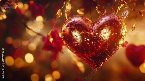 Glittering heart ornament on a tree branch