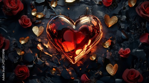 Heart of Glass with Roses and Gold Hearts