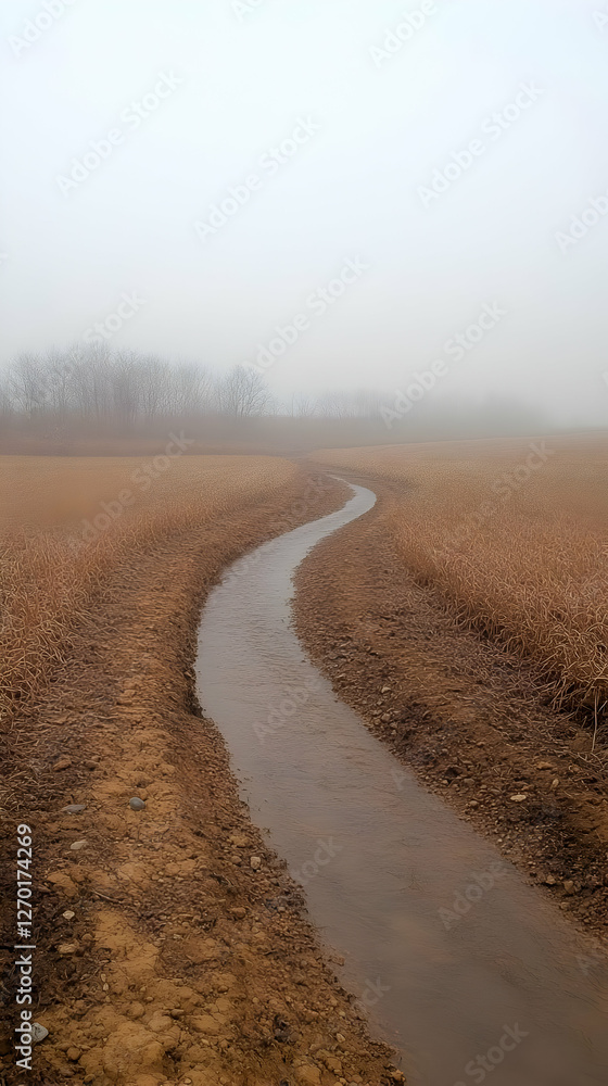 Naklejka premium Dry Streambed Winding Path In Foggy Landscape