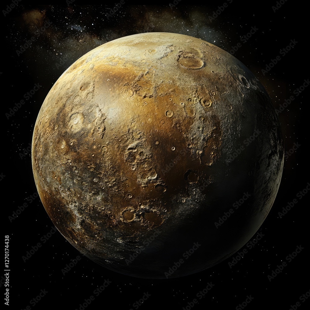 Naklejka premium Majestic View of Pluto with Detailed Surface Features and Atmospheric Haze in Deep Space