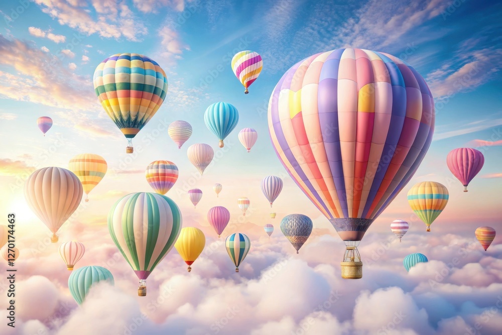 Obraz premium A Serene Panorama of Colorful Hot Air Balloons Ascending Above a Dreamlike Cloud Sea at Dawn