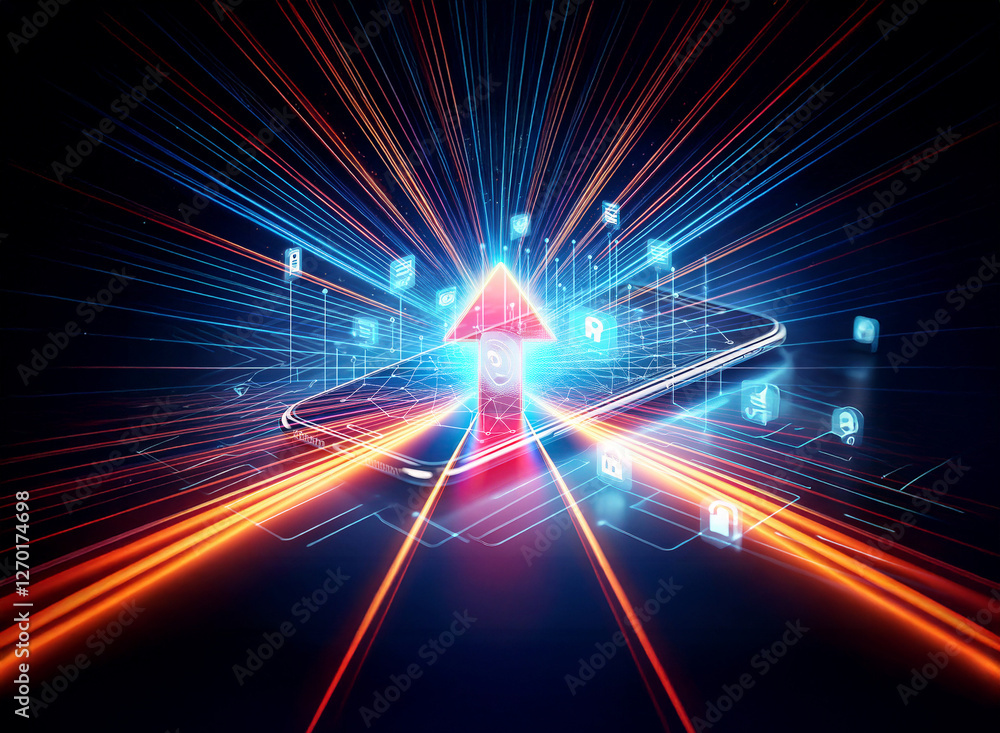 Obraz premium A glowing red arrow points upwards from a smartphone, surrounded by vibrant blue and orange light rays, suggesting speed and modern technology.