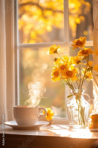 Autumn Morning: A Cozy Cup of Tea and Golden Sunlight