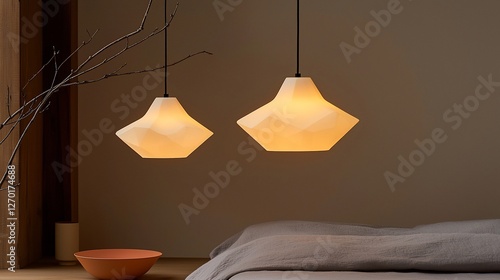 Two modern pendant lights illuminate a bedroom.