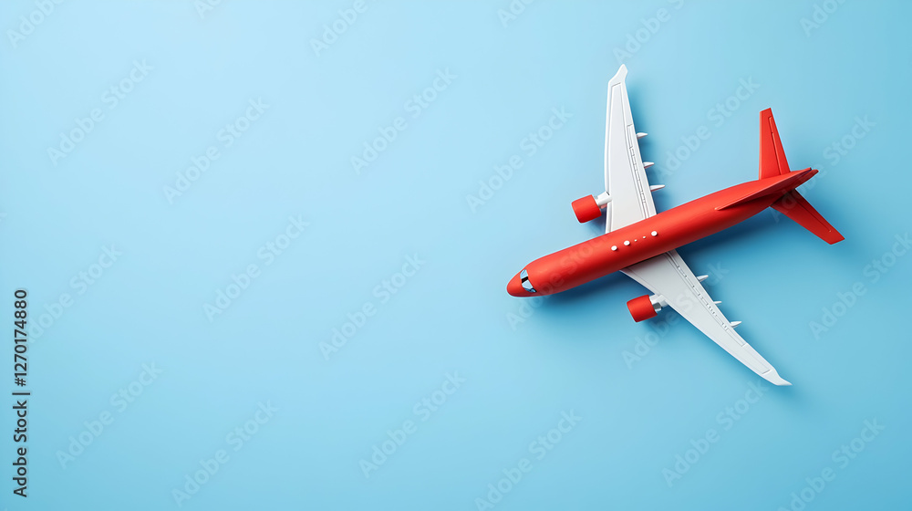 Red toy airplane on blue background, travel concept Red toy airplane on blue background, travel concept