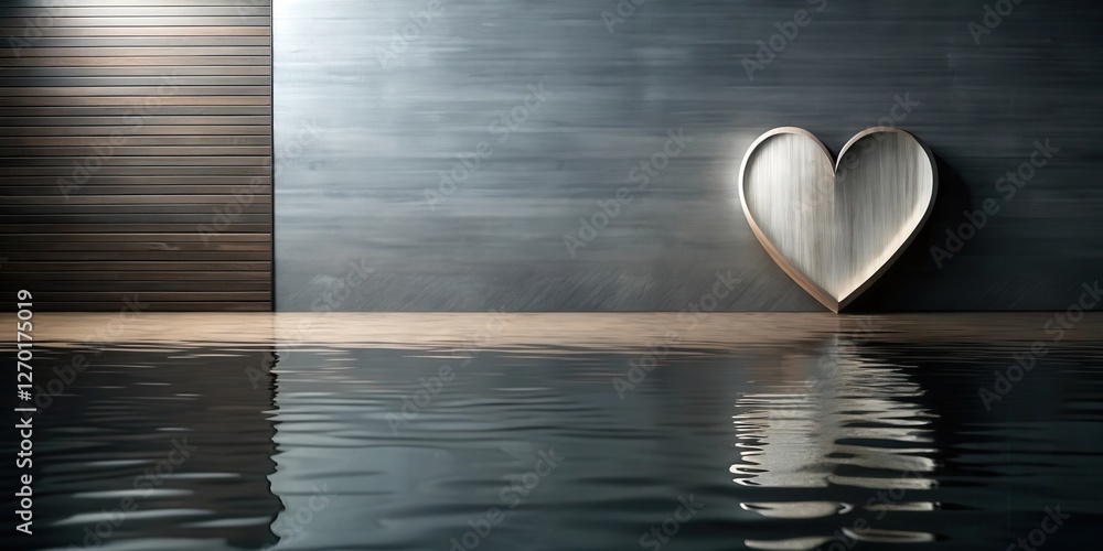Fototapeta premium Reflective Heart Symbol on Wooden and Grey Wall with Water Reflection