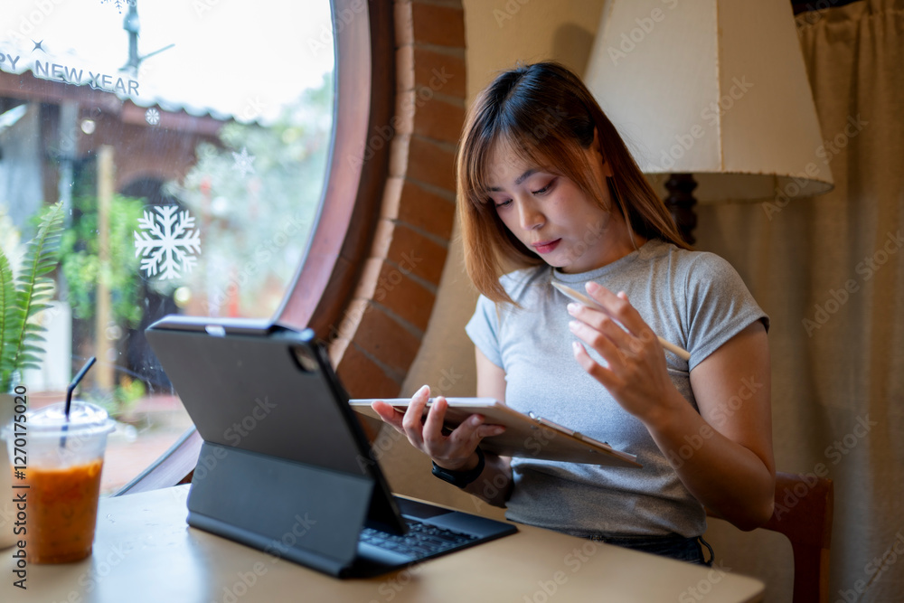 A woman is sitting at a table with a laptop and tablet in front of her A woman is sitting at a table with a laptop and tablet in front of her