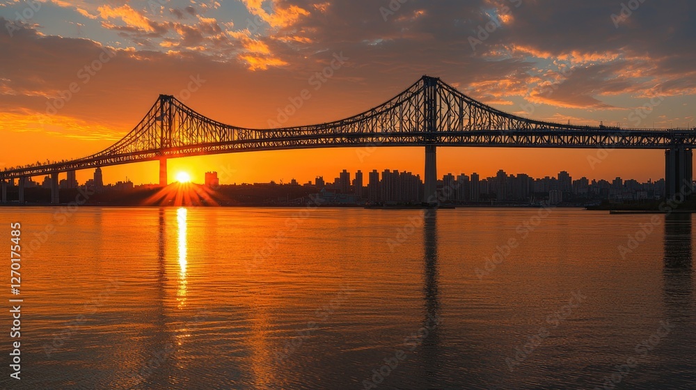 Majestic sunset over a city skyline with a bridge silhouetted against vibrant skies