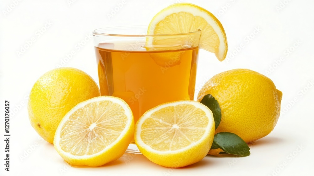 Refreshing glass of lemon tea, accompanied by juicy lemons. Perfect for a sunny afternoon! Refreshing glass of lemon tea, accompanied by juicy lemons. Perfect for a sunny afternoon!