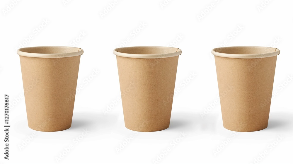 Three EcoFriendly Brown Paper Cups on White Background Three EcoFriendly Brown Paper Cups on White Background
