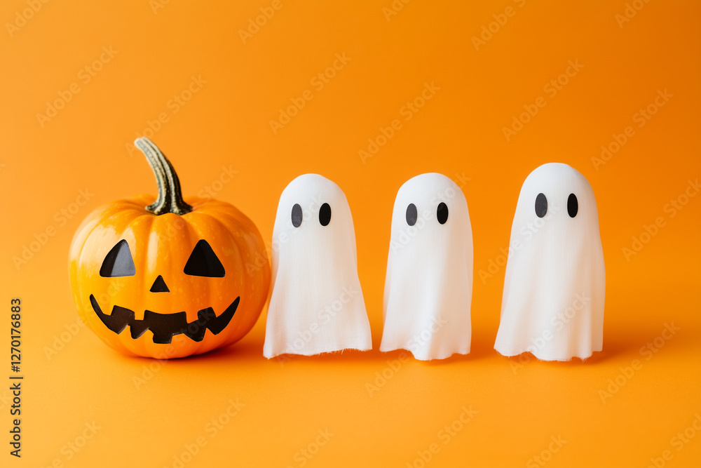 Halloween ghosts with funny pumpkin isolated on an orange background Halloween ghosts with funny pumpkin isolated on an orange background