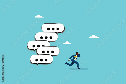 Overwhelmed by the Digital Chaos, A Frustrated Businessman Escapes from a Collapsing Stack of Online Speech Bubbles